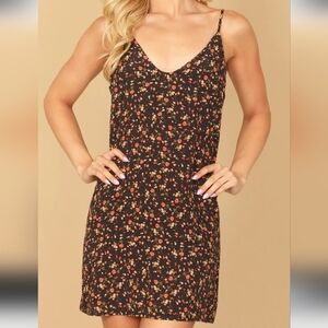 Olivaceous Black Floral Slip Mini Dress with Red and Cream Blooms